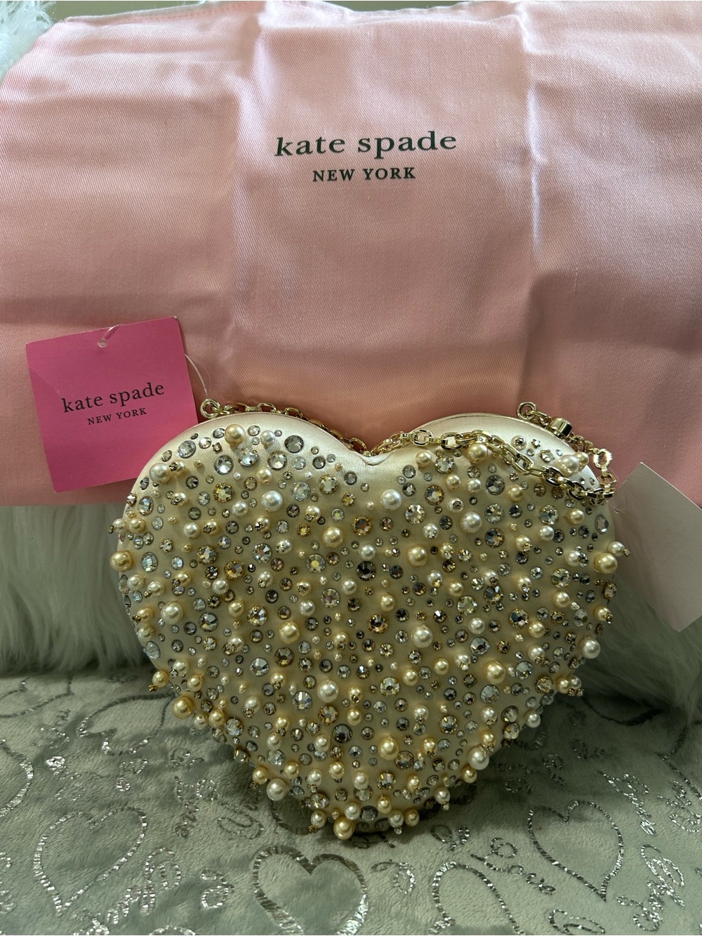 NWT Kate Spade NYC Pearl & Crystal Heart Bridal Clutch with Gold Chain- Ivory - Picture 4 of 12
